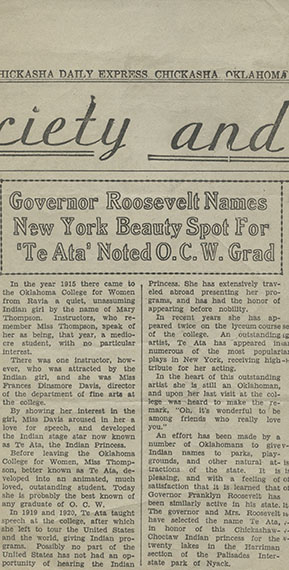 Governor Roosevelt Names New York Beauty Spot For 'Te Ata' Noted O.C.W. Grad